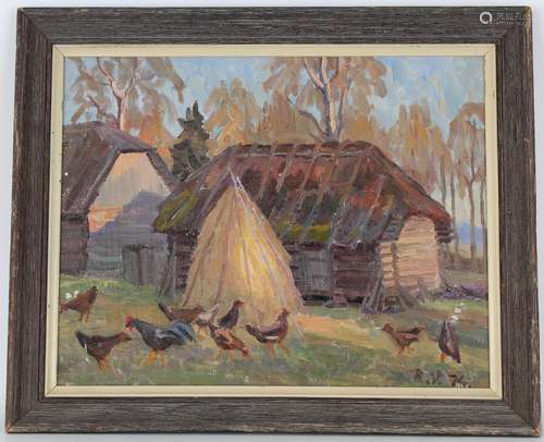 American School Painting of a Farmstead, Signed