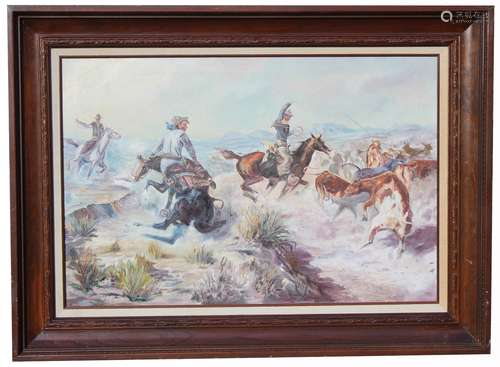 Signed Large Western American Herding Cattle Scene