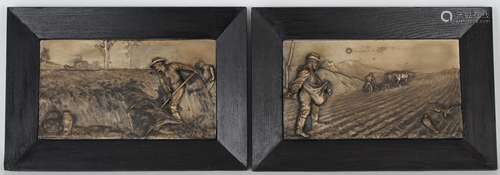 (2) Framed Antique Bronze Reliefs, Signed.