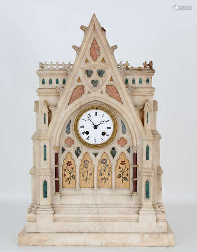 Exceptional Carved Alabaster/Inlaid Clock