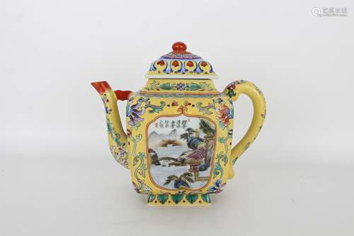 Chinese Falangcai Yellow Ground Tea Pot with Cover