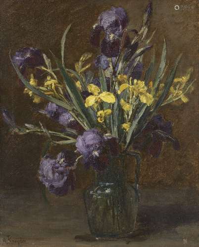 Alexis Kreyder, Français 1839-1912- Iris et jonquilles ; hui...