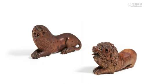 TWO WOODEN LION FIGURINES. Date: Possibly Italy. Probably 17...