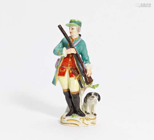 PORCELAIN FIGURINE OF HUNTER WITH MUSKET AND DOG. Meissen. D...
