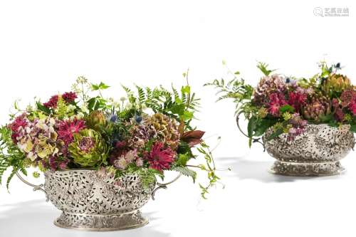 PAIR OF MAGNIFICENT LARGE SILVER BOWLS WITH GARLANDS AND BIR...