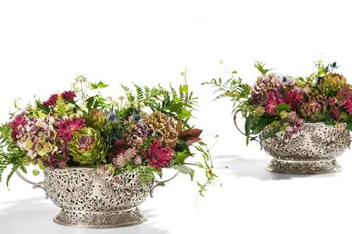 PAIR OF MAGNIFICENT LARGE SILVER BOWLS WITH GARLANDS AND BIR...