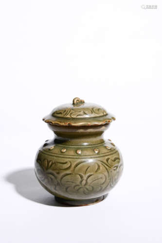 YAOZHOU KILN FLOWER CARVED JAR WITH LID