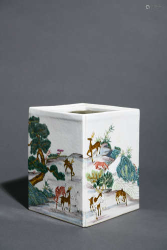 FAMILLE ROSE DEER PATTERN SQUARE BRUSH POT