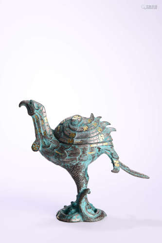 SILVER AND GOLD INLAID BIRD-FORM CENSER