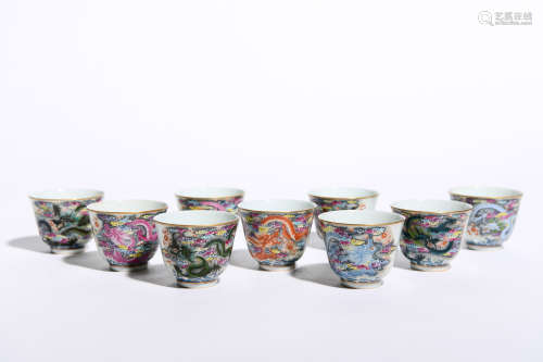 GROUP OF ENAMELED NINE DRAGON POEM CUPS