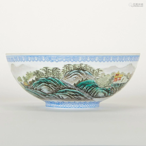 Chinese Eggshell Porcelain Bowl w/ Mountain Scene