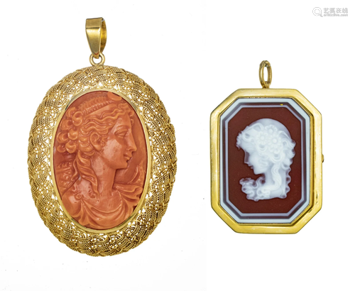 CORAL AND SARDONIX 14KT GOLD CAMEOS, C 1900, TWO