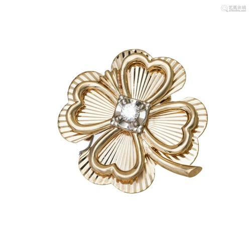 DIAMOND AND 14KT GOLD BROOCH, FOUR LEAF CLOVER