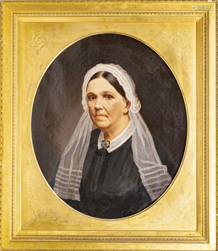 AMERICAN OVAL PORTRAIT PAINTING LADY IN WHITE CAP