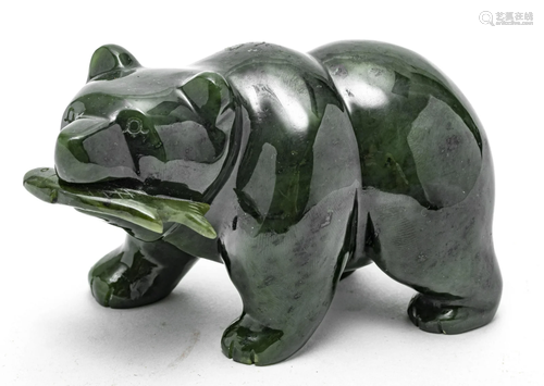 CARVED STONE POLAR BEAR WITH FISH H 2.5