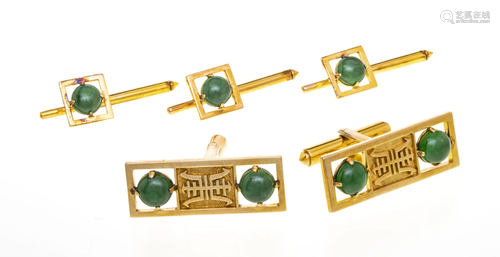 14KT YELLOW GOLD CUFFLINKS & 3 STUDS, JADE PAIR