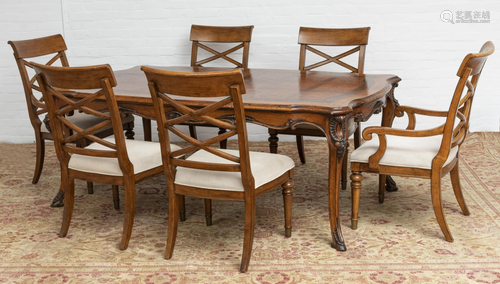 HENREDON WALNUT, YEW-WOOD INLAID DINING TABLE & CH…