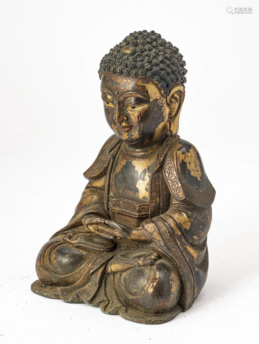 CHINESE PARCIL GILT BRONZE SEATED BUDDHA STATUE