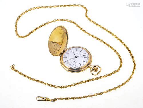 ELGIN 14KT POCKETWATCH WITH GOLD CHAIN DIA 1 1/3