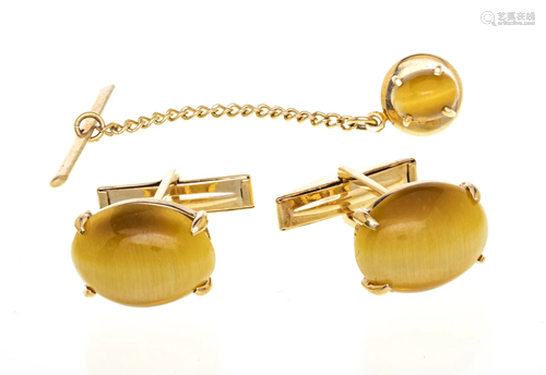 14KT YELLOW GOLD & CAT'S EYE CUFFLINKS & TIE PIN