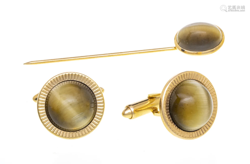 14KT AGATE CUFFLINKS & TIE PIN