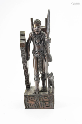 AFRICAN CARVED WOOD STANDING FIGURE OF A WARRIOR