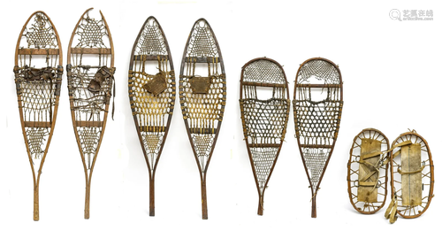 ANTIQUE WOODEN AND LEATHER SNOWSHOE GROUPING