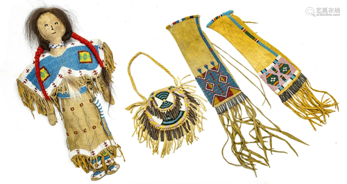 NATIVE AMERICAN DOLL, POUCHES AND PURSE