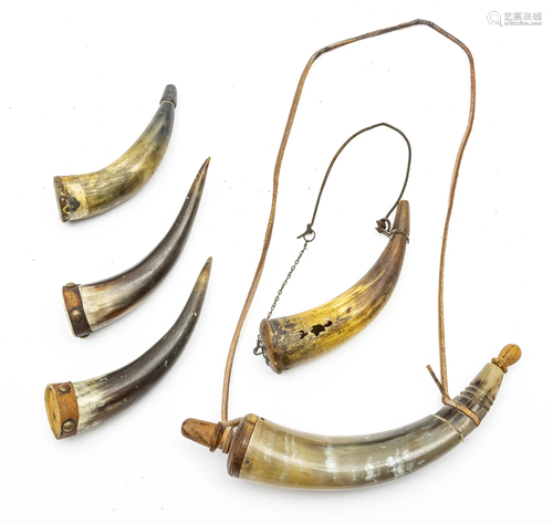 ANTIQUE POWDER HORN GROUPING, 19TH C., FIVE PIECES