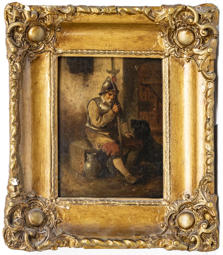 M. ELISHING, PAINTING ON WOOD SOLDIER WITH DOG