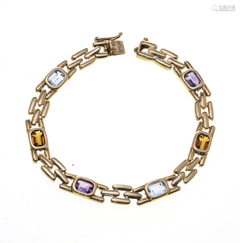 14KT YELLOW GOLD LINK BRACELET, AMETHYST & TOPAZ