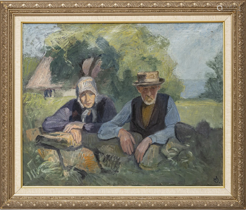 OIL ON CANVAS COUPLE NEAR STONE FENCE