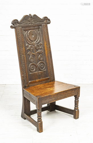 GOTHIC STYLE CARVED OAK HALL CHAIR, H 46