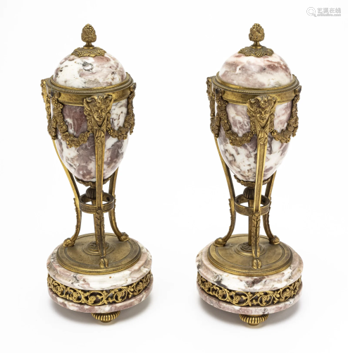 FRENCH BRONZE AND MARBLE URNS - CANDLE HOLDERS