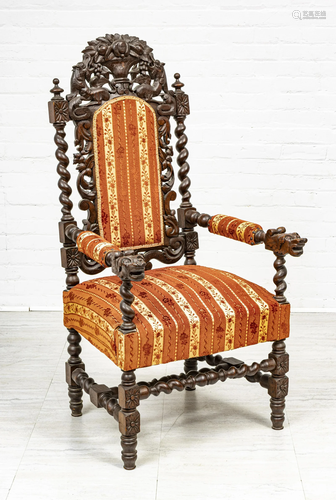 JACOBEAN STYLE CARVED OAK OPEN ARMCHAIR