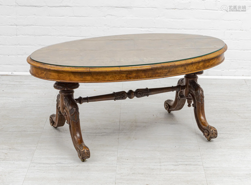 CARVED BURLED WALNUT OVAL COFFEE TABLE