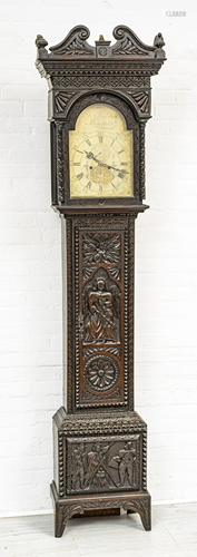 J. RICHARDS CARVED OAK & BRASS GRANDFATHER CLOCK