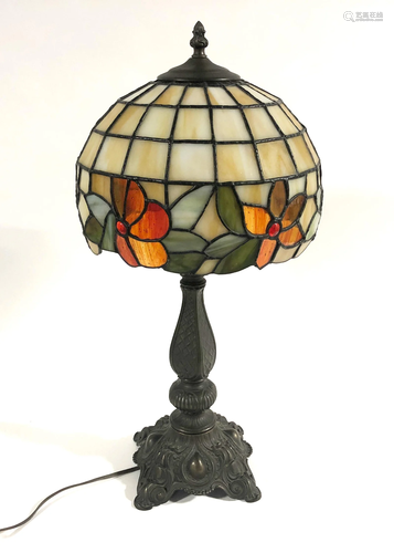 PATINATED METAL WITH SLAG AND STAINED GLASS SHADE