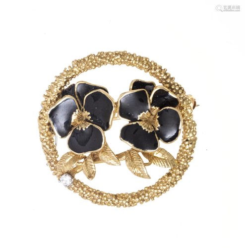 18KT, BLACK ENAMEL, & DIAMOND BROOCH