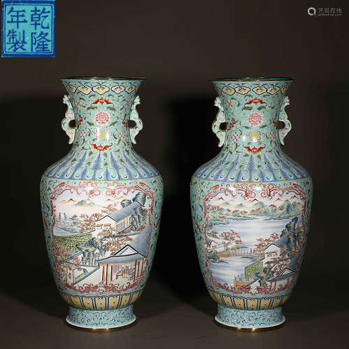 Qing dynasty painting enamel figures carrying beam jar