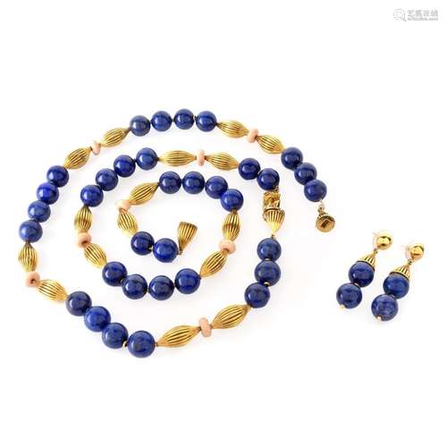 Fred Paris Lapis, Coral, 18K Necklace and Earrings