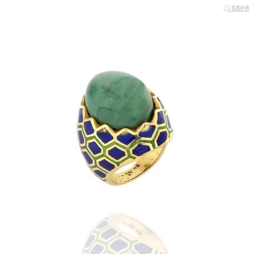 Malachite, Enamel and 18K Ring