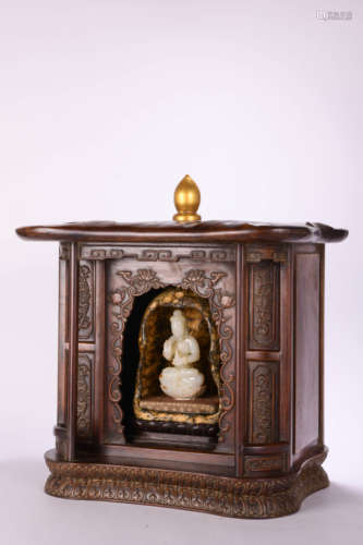 HUALI WOOD NICHE WITH JADE GUANYIN