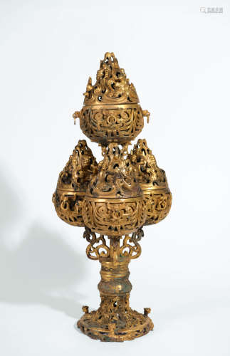 GILT-BRONZE BOSHAN-FORM CENSER