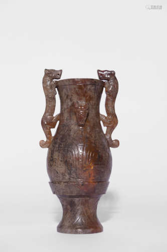 JADE CARVED TIGER-EARED TAOTIE PATTERN VASE