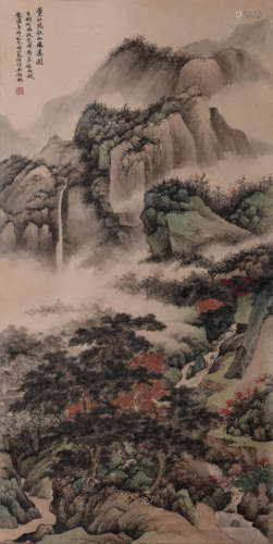 CHINESE WATERFALL AND MOUNTAIN IN AUTUMN PAINTING