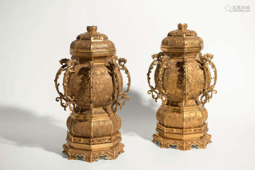 PAIR OF GILT-BRONZE DRAGON CENSERS