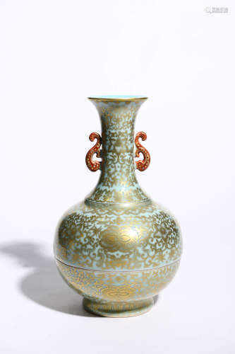 CELADON GLAZED FLOWER PATTERN DOUBLE-EARED VASE WITH LID