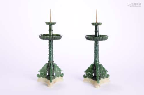 PAIR OF SPINACH-GREEN JADE CANDLESTICKS