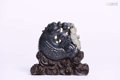 BLUE AND WHITE JADE FISH DRAGON ORNAMENT